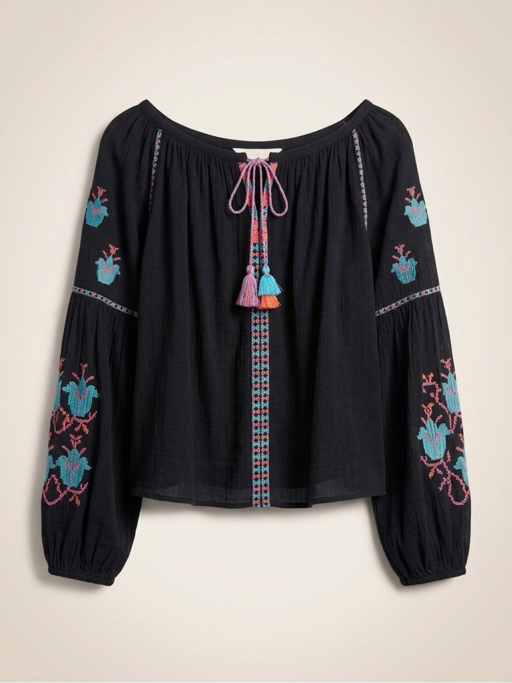 Free People Black Peasant Top with Turquoise & Pink Embroidery
